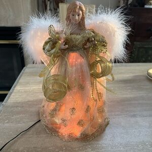 Elegant Gold Angel Fiberoptic Tree Topper Porcelain Beautiful Angelic Face 14” L